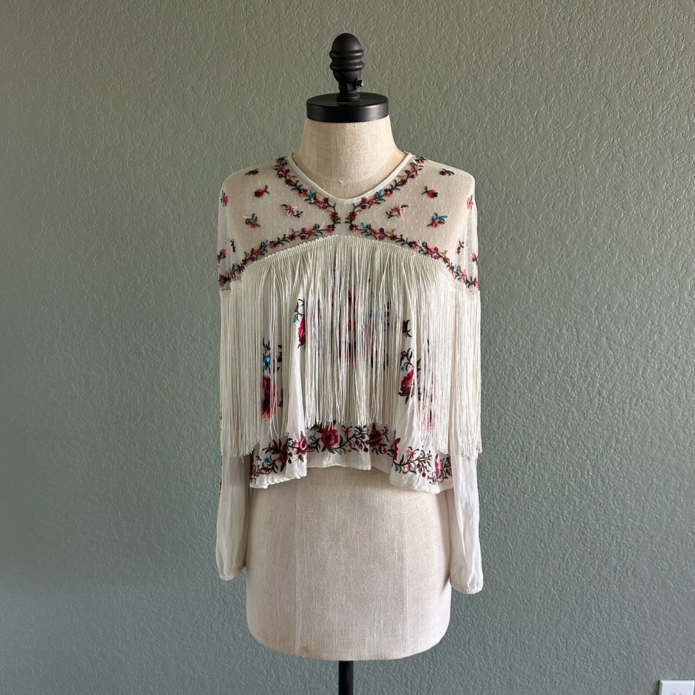 ZARA embroidered fringe blouse - M